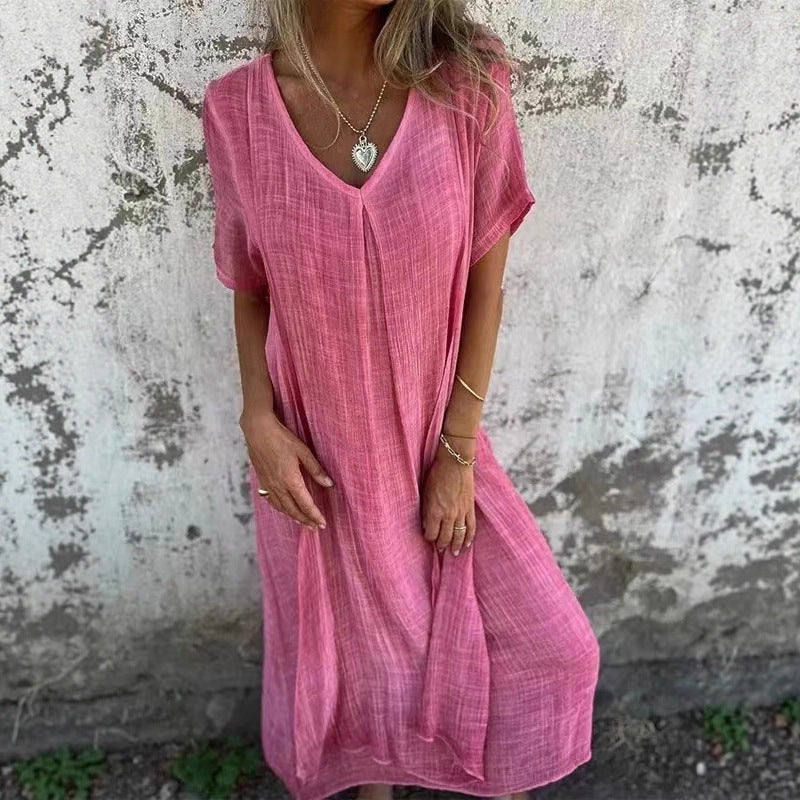 Damen lässiges Maxikleid aus leichtem Stoff mit V-Ausschnitt und kurzem Arm R&B