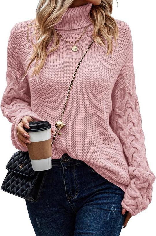 Damen Grobstrickpullover mit modernem Zopfdesign und hohem Kragen R&B