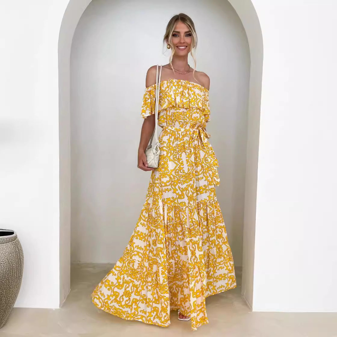 Damen Off-Shoulder Maxikleid mit voluminösem Rüschendesign und elastischem Taillenbund R&B