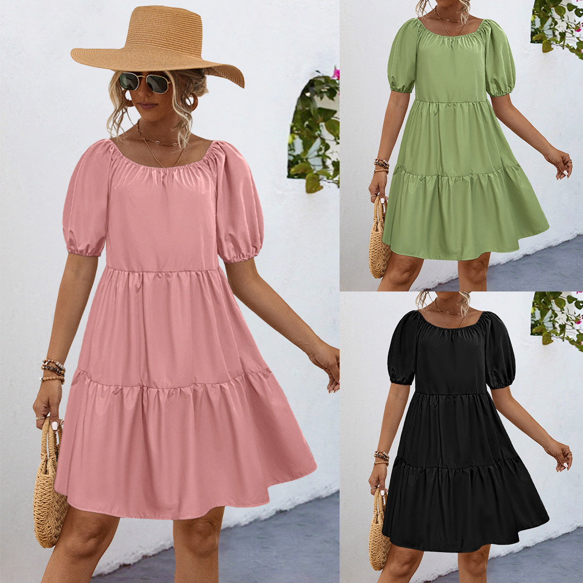Damen Freizeitkleid mit voluminösen Puffärmeln und schwingendem Rock R&B