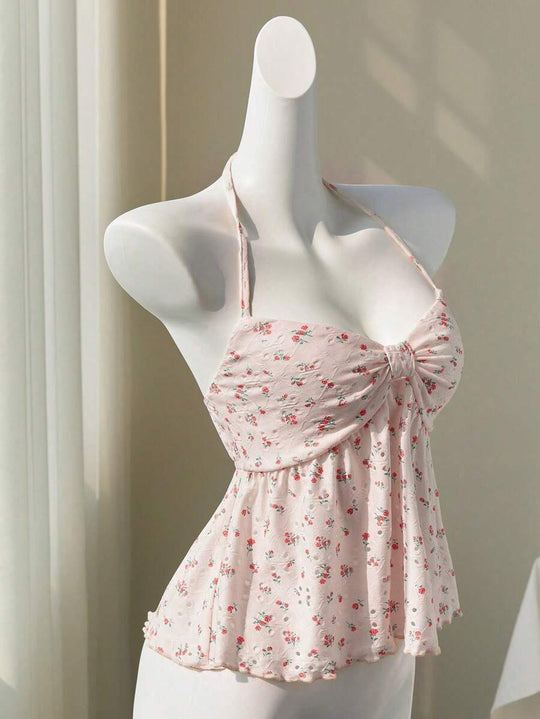 Damen romantisches Strandtop mit floralem Design und verspieltem Knoten R&B