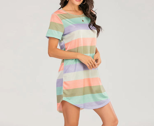 Damen Kurzarm Kleid mit auffälligem Streifenmuster und bequemem Schnitt R&B