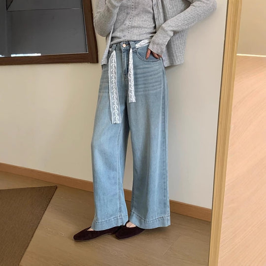 Damen Weite High-Waist Jeans mit dekorativem Kordelzug R&B