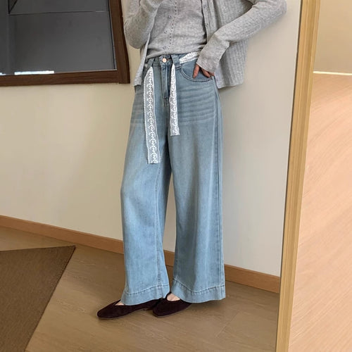 Damen Weite High-Waist Jeans mit dekorativem Kordelzug R&B