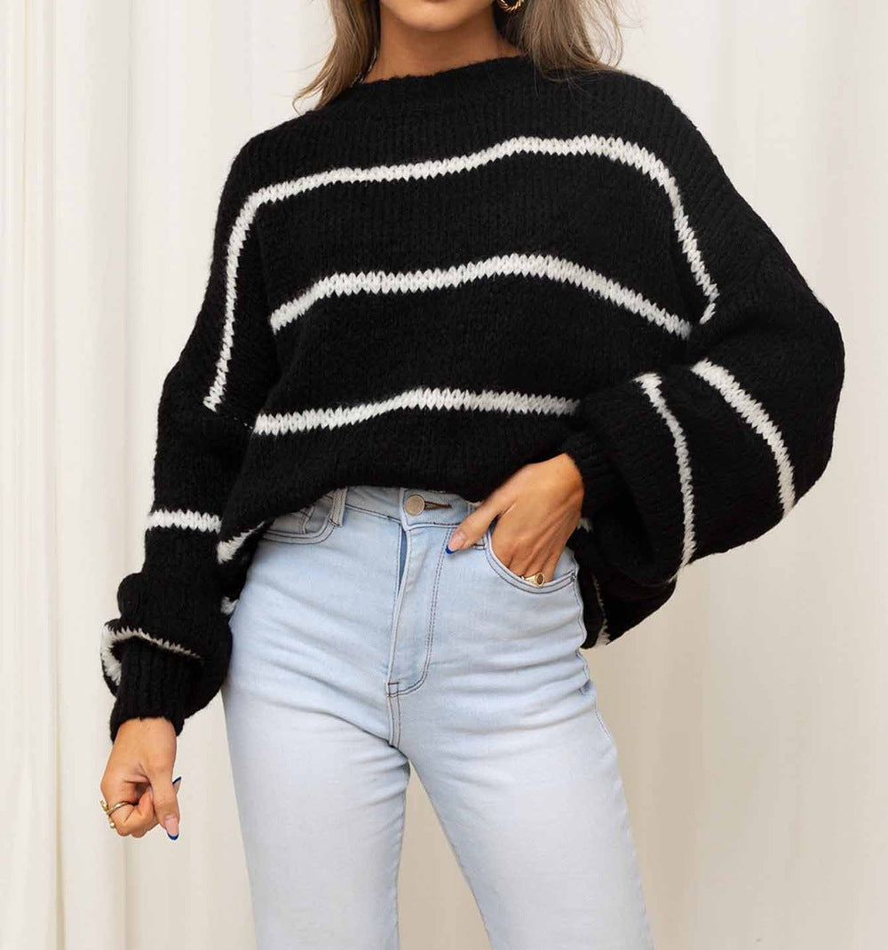 Damen grob gestrickter Pullover mit modernen Streifen und lässigem Schnitt R&B