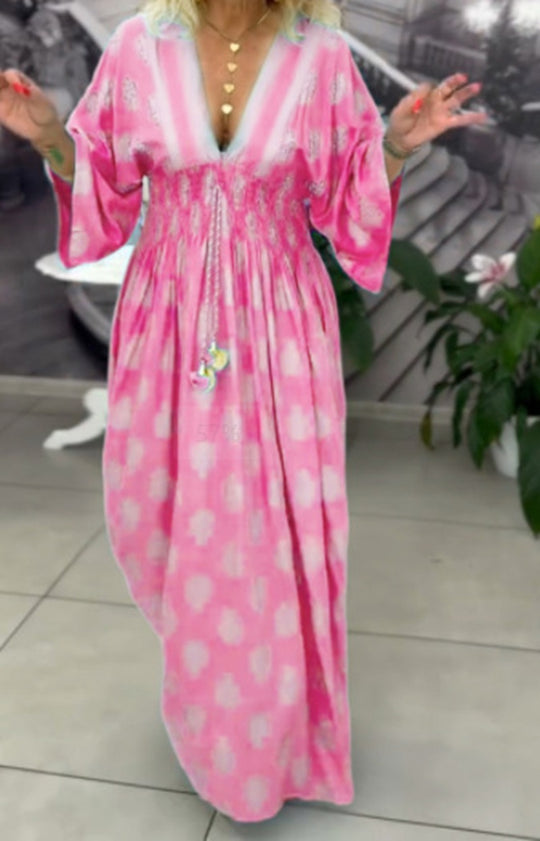 Damen nan gerafftes Maxikleid mit Smok-Taille, Kimonosärmeln und Zierquaste R&B
