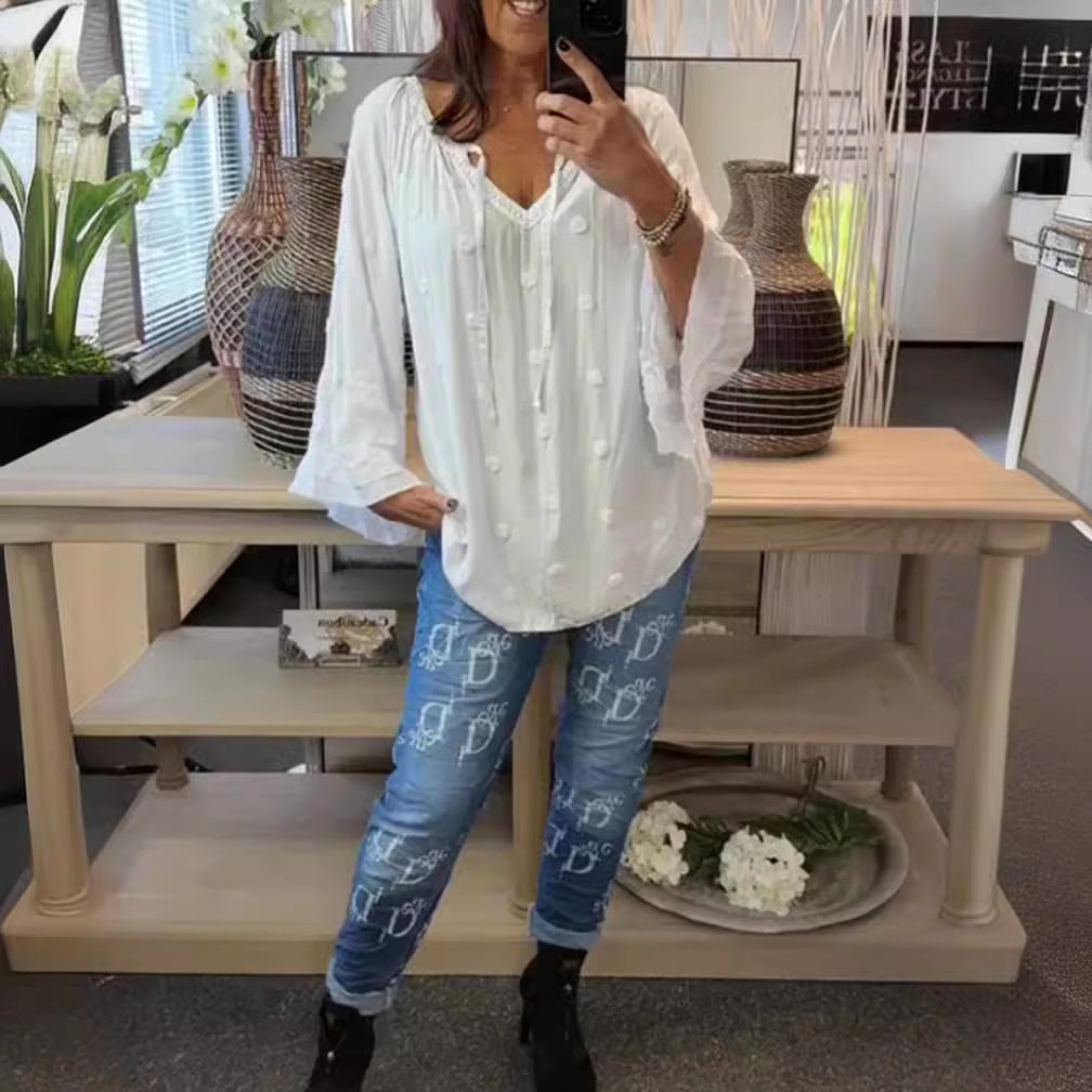 Damen Bluse mit voluminösen Ärmeln und dekorativen Knopfdetails Heidi-Mode