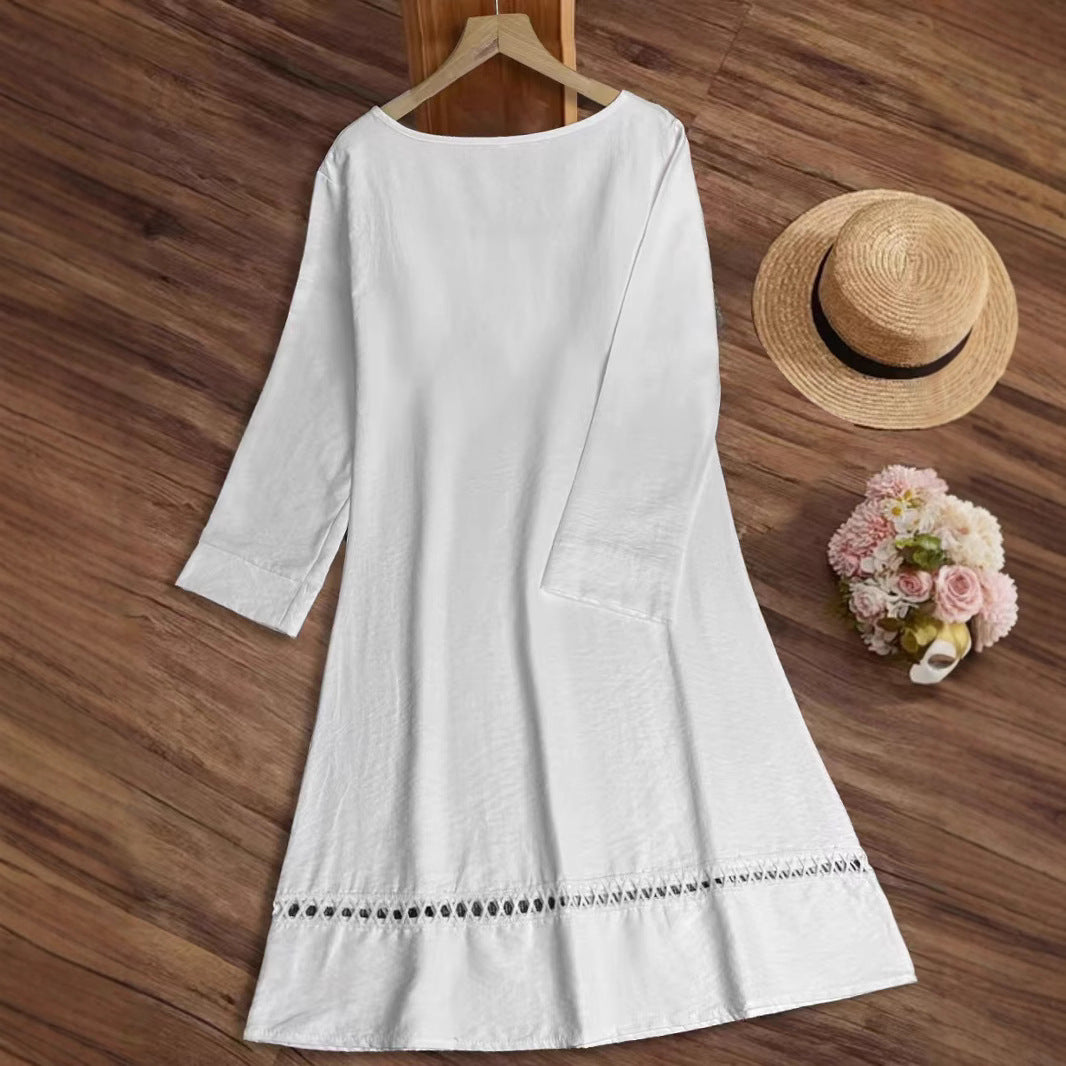 Damen lässiges Sommerkleid mit elegantem Häkelkragen und durchgehendem Schnitt R&B