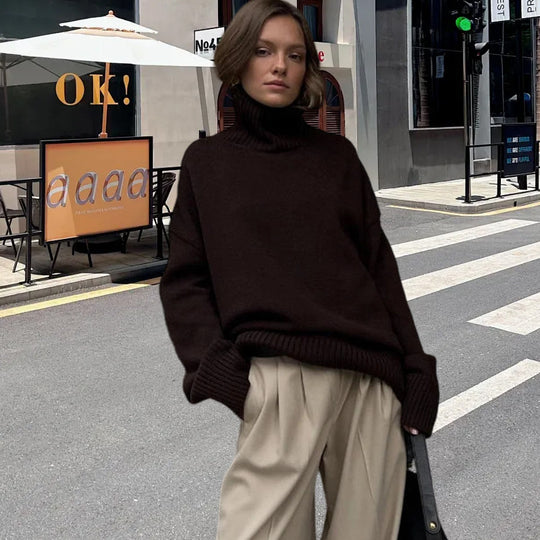Damen Strickpullover mit hohem Kragen und weitem Schnitt R&B