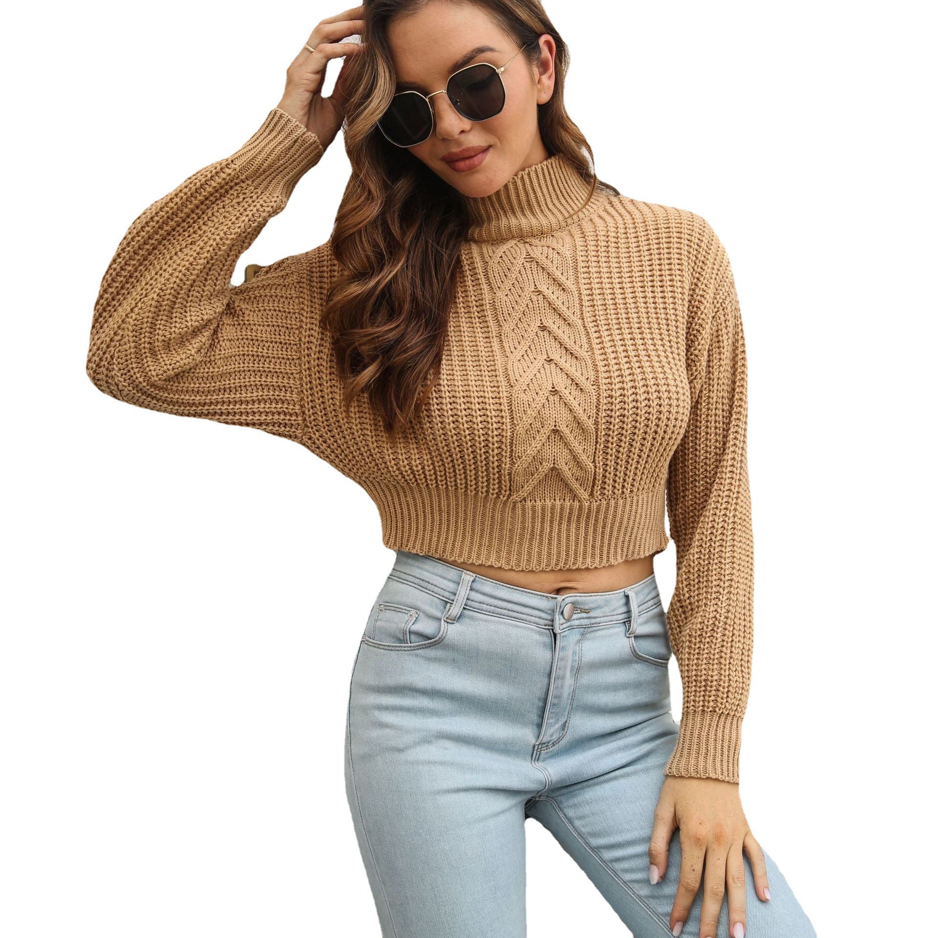 Damen Cropped Strickpullover mit strukturiertem Zopfmuster R&B