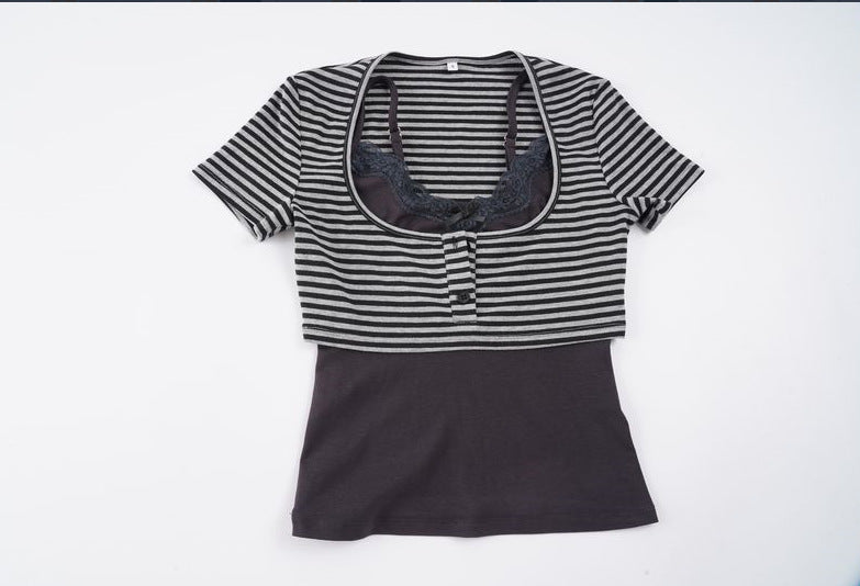 Damen modischesKurzarm-Oberteil mit Lagenlook und feinen Spitzenakzenten R&B