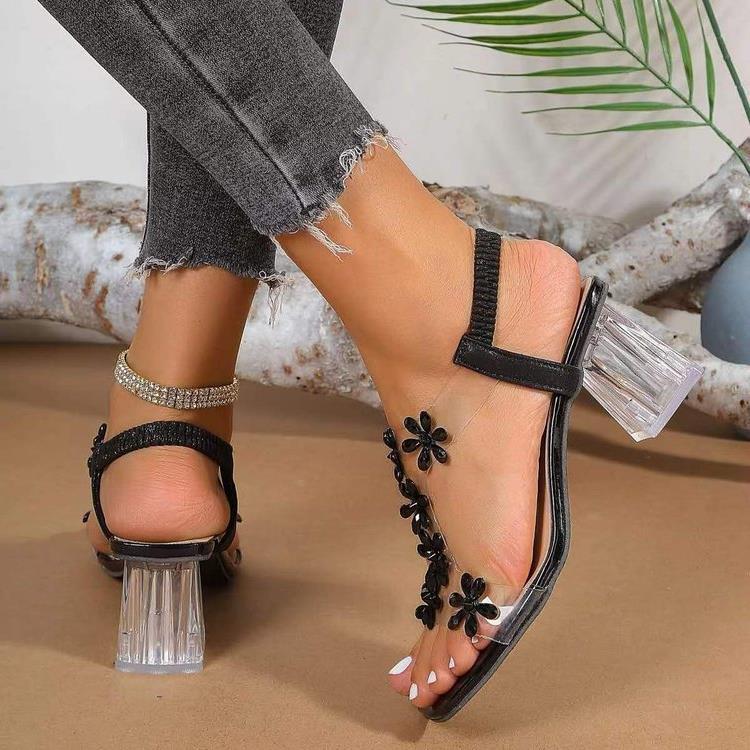 Damen Glamouröse Sandalen mit transparentem Blockabsatz und funkelnden Blumenapplikationen R&B