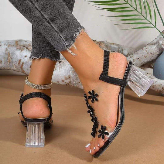Damen Glamouröse Sandalen mit transparentem Blockabsatz und funkelnden Blumenapplikationen R&B