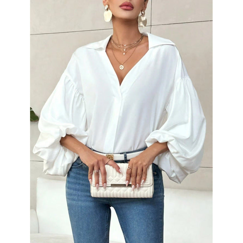 Damen Bluse mit voluminösen Ballonärmeln und elegantem Kragen R&B