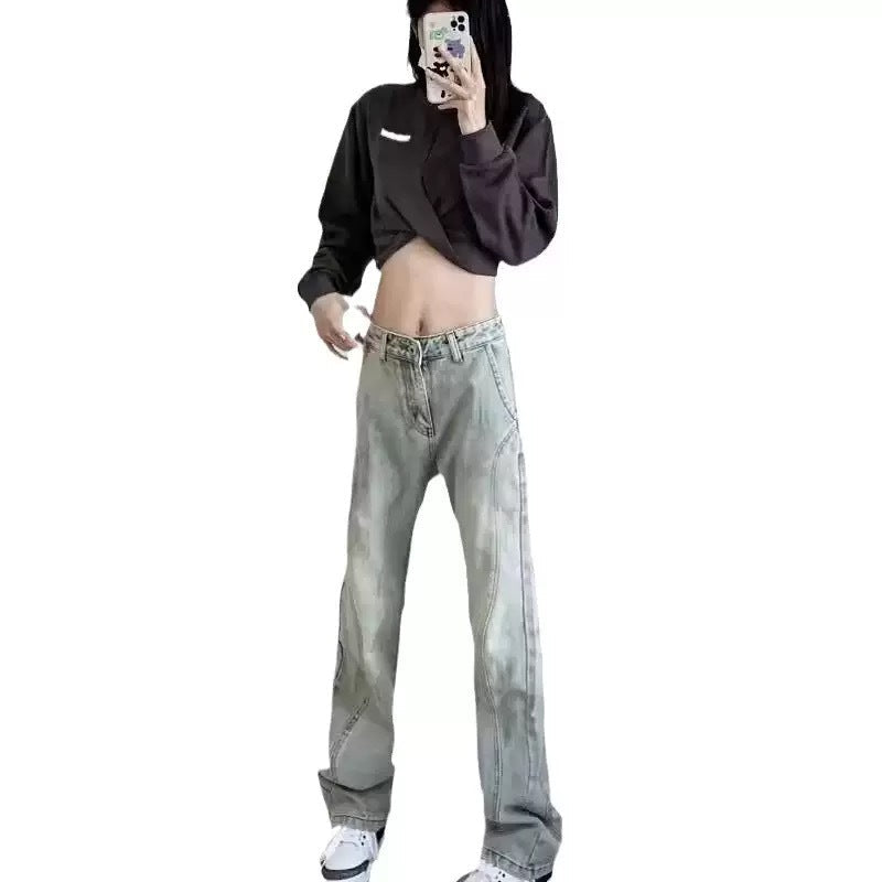 Damen weite High-Waist Denim-Jeans mit distressed Optik und bequemen Seitentaschen