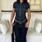 Damen Kurzarm Denim-Bluse mit modischer Zip-Detailierung und Brusttaschen R&B
