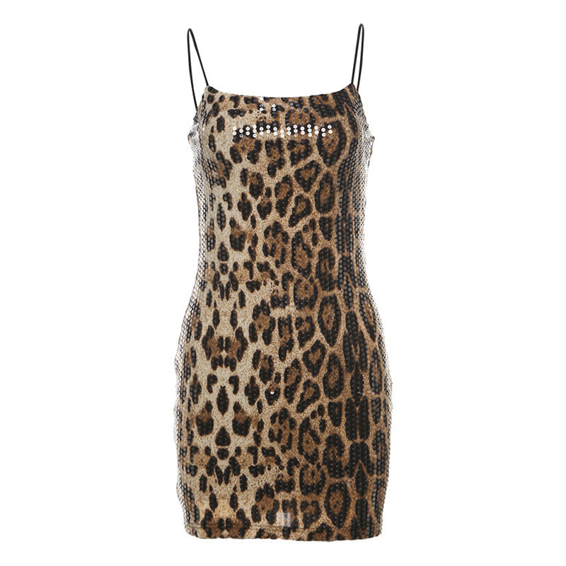 Damen Elegantes Leopardenmuster Kleid mit Glitzersteinen R&B