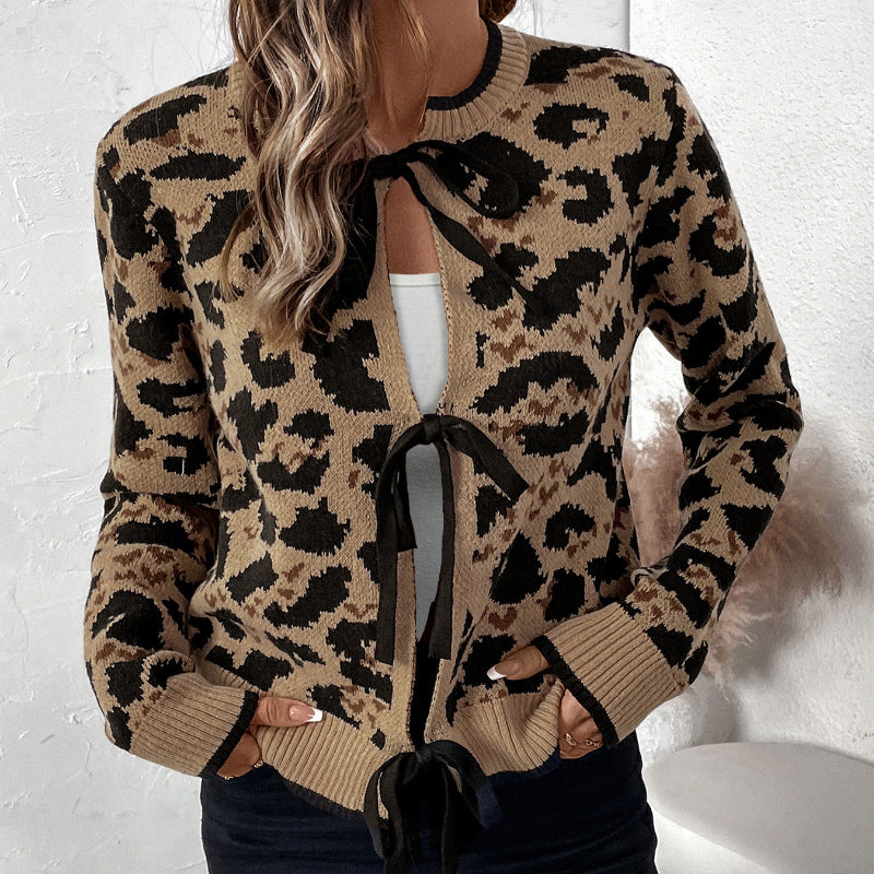 Damen Leo-Muster Strickjacke mit Bändern R&B