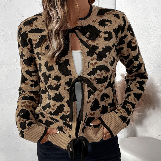 Damen Leo-Muster Strickjacke mit Bändern R&B