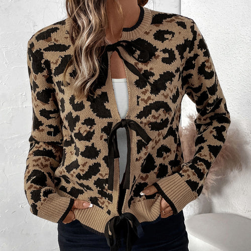 Damen Leo-Muster Strickjacke mit Bändern R&B