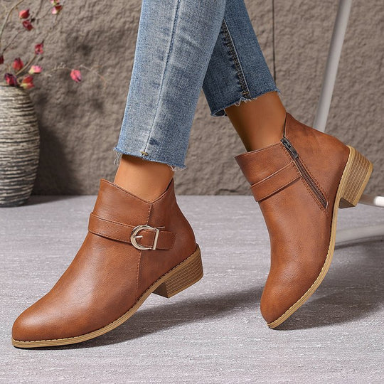 Damen modische Schnürstiefeletten mit dekorativem Riemen und robustem Reißverschluss R&B