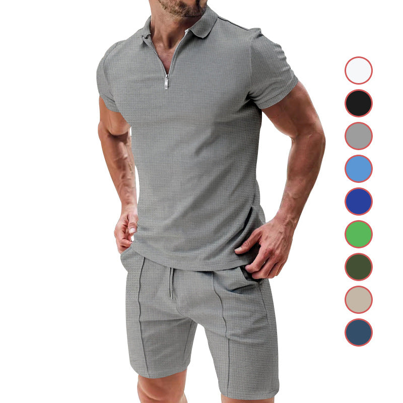 Herren nan sportives Poloshirt- und Chino-Shorts-Set mit halbem Reißverschluss, strukturiertem Jersey und dezenter Bügelfalte R&B