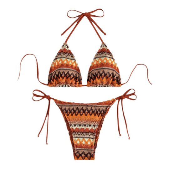 Damen Triangel-Bikini mit trendigem Ethno-Muster und verstellbaren Bindebändern R&B