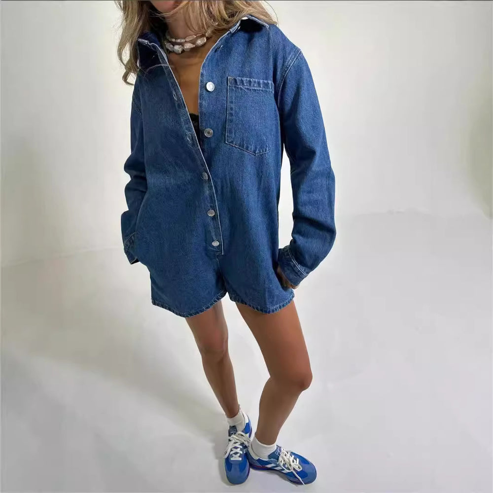 Damen Denim-Overall mit langen Ärmeln und klassischem Button-Up-Verschluss R&B