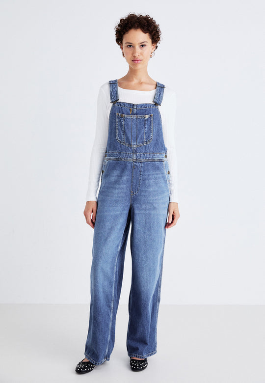 Damen Denim-Latzhose mit weitem Bein und verstellbaren Trägern R&B