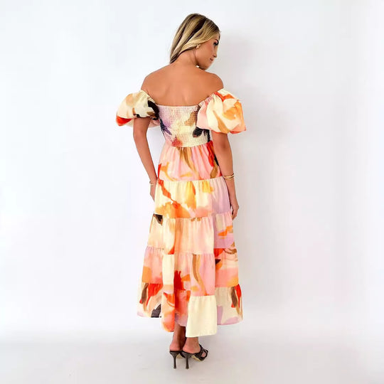 Damen Maxikleid mit Puffärmeln und floralem Smocking R&B