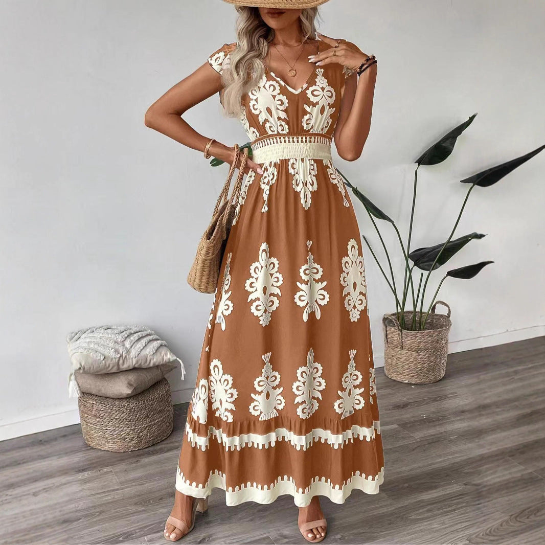 Damen Maxikleid mit floralem Muster und V-Ausschnitt R&B