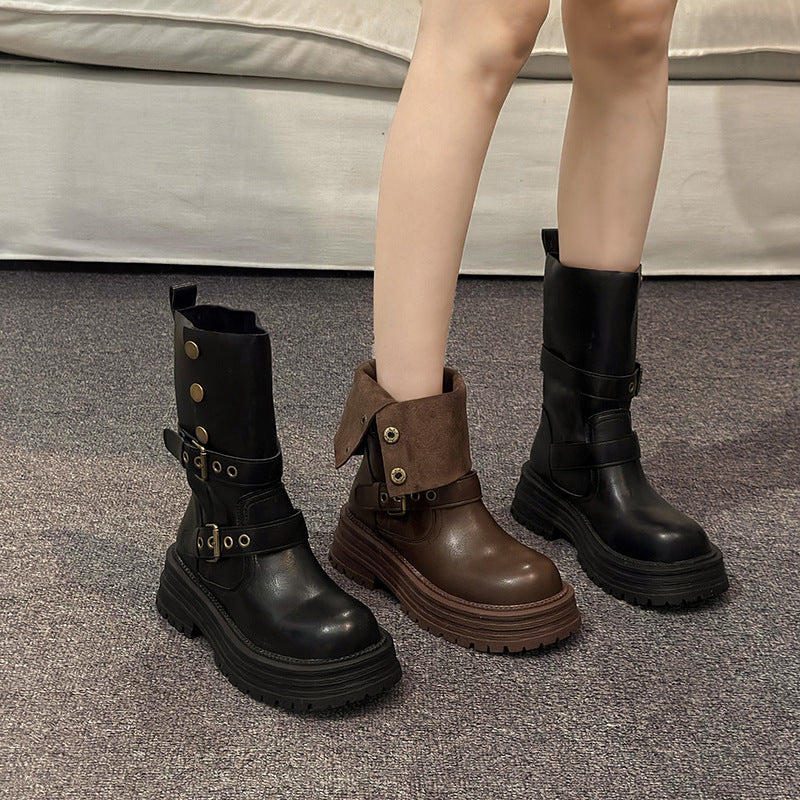 Damen Stiefeletten mit modischen Schnallen und robuster Plateausohle R&B