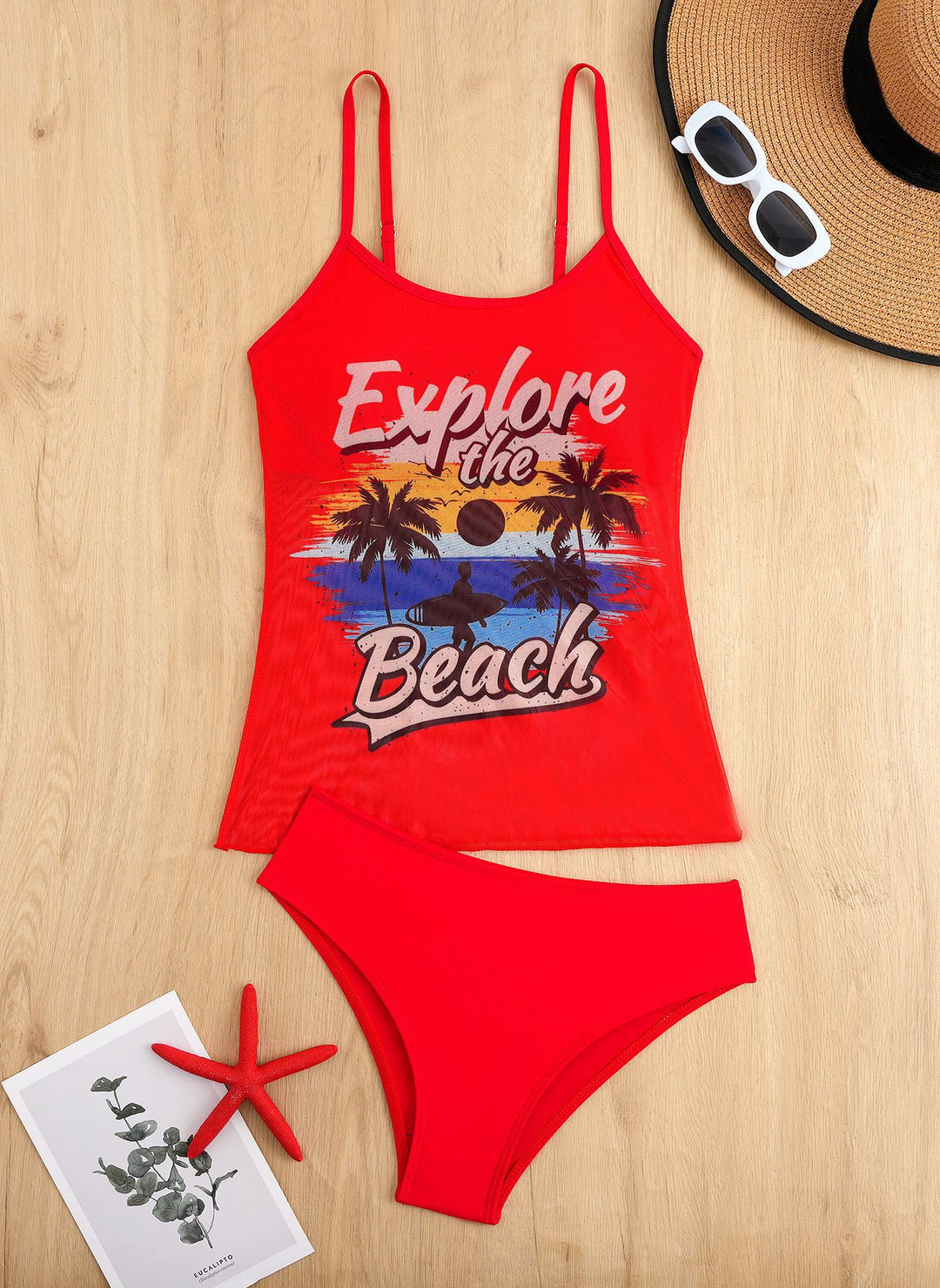 Damen Tankini-Set mit sportlichem Grafikdesign und hoch tailliertem Höschen R&B