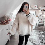 Damen lässiger Grobstrickpullover mit voluminösen Ärmeln und hohem Kragen R&B