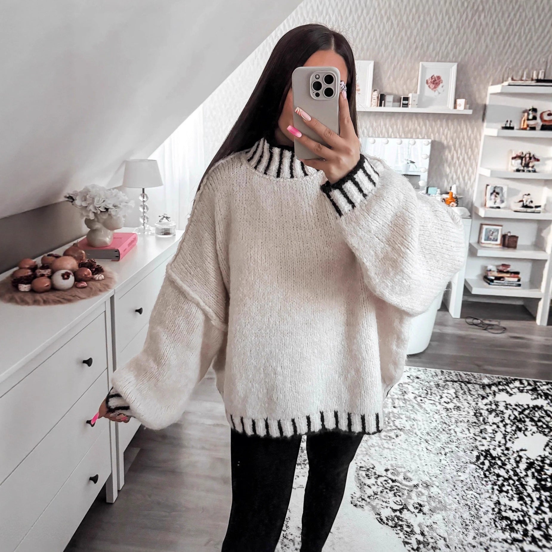 Damen lässiger Grobstrickpullover mit voluminösen Ärmeln und hohem Kragen R&B