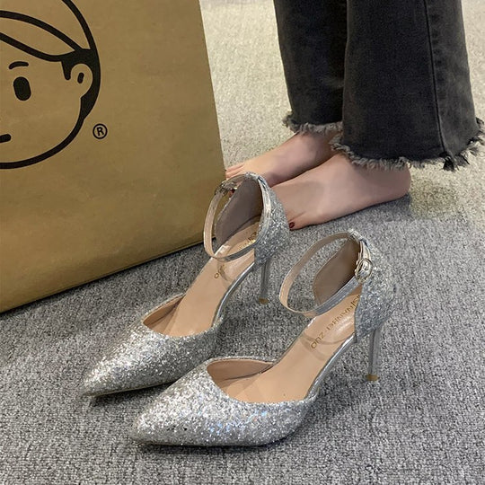 Damen elegante Spitzen High Heels mit transparentem Riemen R&B