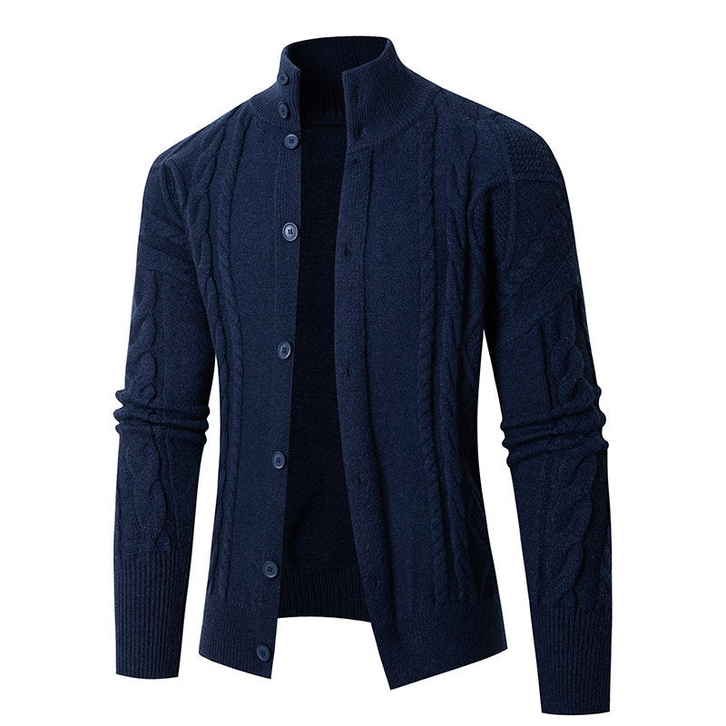 Herren Strickjacke mit klassischem Kabelmuster und hohem Stehkragen