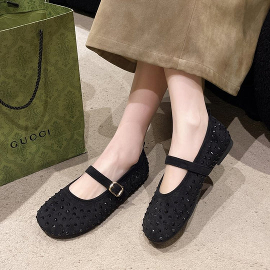 Damen elegante Mary Jane Ballerinas mit dekorativem Riemen und Strassdetails R&B