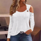 Damen modisches Strickoberteil mit offenem Schulterdesign und dekorativem Ring R&B