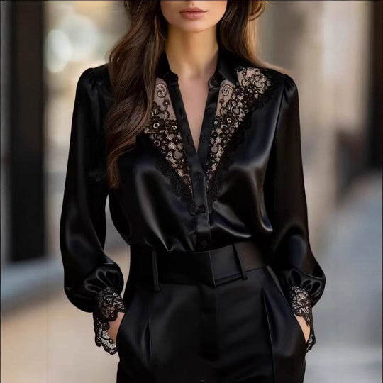 Damen elegante Bluse mit romantischen Spitzenakzenten R&B