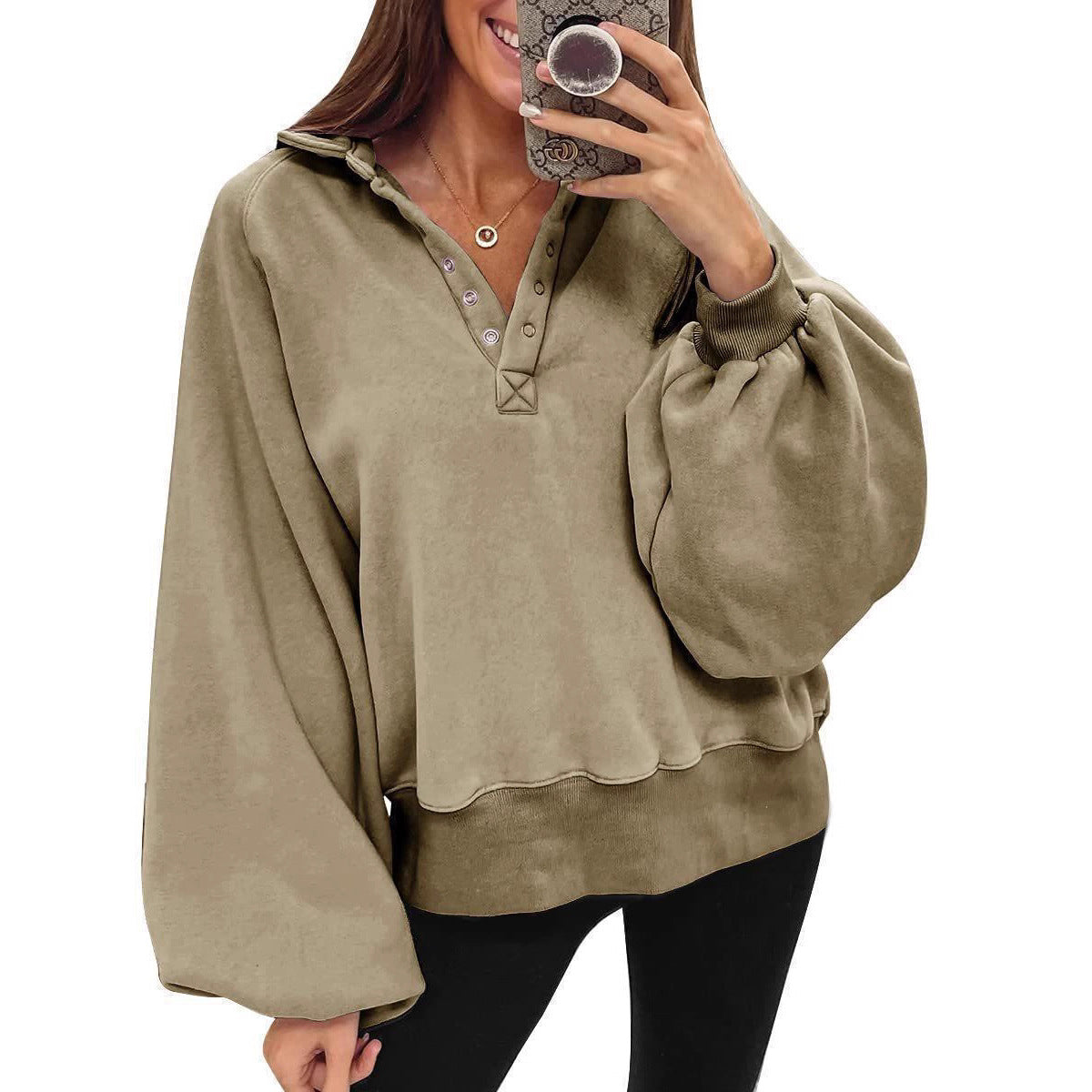 Damen oversized Pullover mit Puffärmeln und Knopfdetails R&B