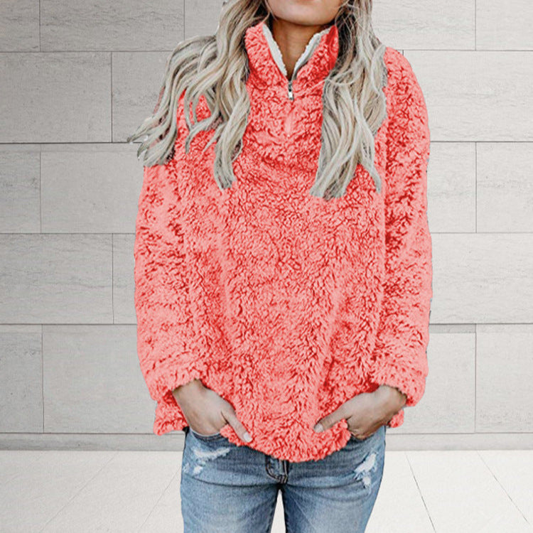 Damen Flauschige Fleece-Pulloverjacke mit hohem Kragen und Reißverschluss R&B