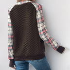Damen lässiger Fleece-Pullover mit Karomuster und praktischen Kängurutaschen