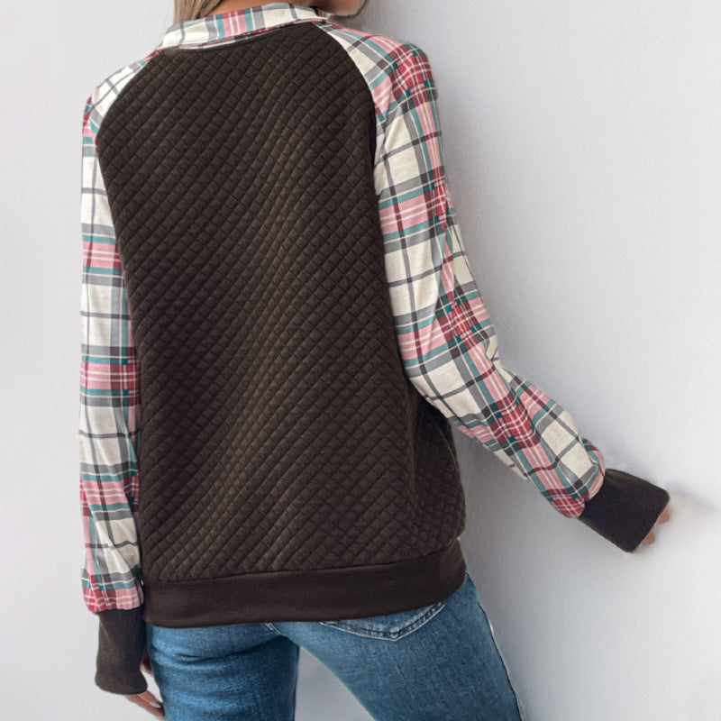 Damen lässiger Fleece-Pullover mit Karomuster und praktischen Kängurutaschen
