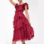Damen Rüschen Maxikleid mit fließendem Schnitt und romantischem Design R&B