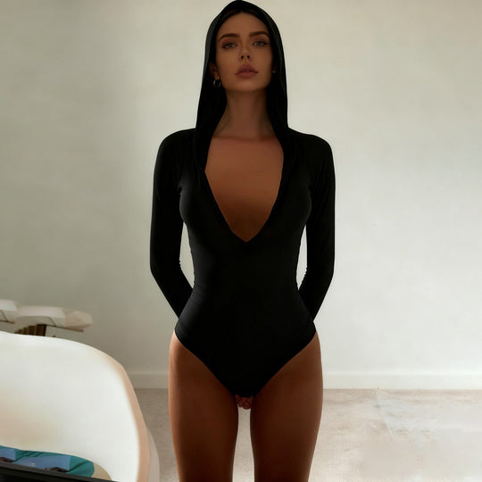 Damen Langarm-Bodysuit mit Kapuze und tiefem V-Ausschnitt R&B