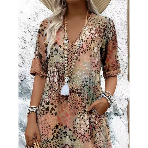 Damen Strandkleid im lässigen Stil mit Taschen und V-Ausschnitt R&B