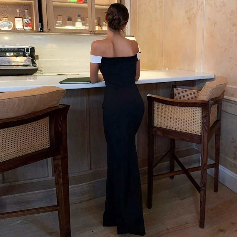 Damen Elegantes Maxikleid mit schulterfreiem Design und seitlichem Schlitz R&B