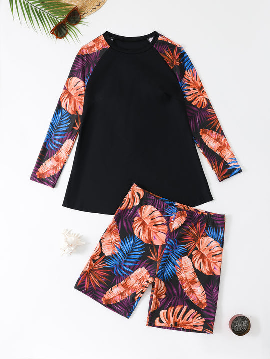 Damen UV-Schutz Surfanzug Set mit langen Ärmeln und farbenfrohem Blattmuster R&B