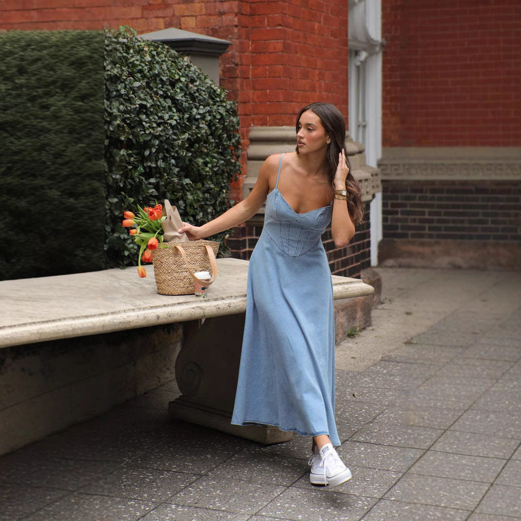Damen Midi-Kleid mit trägerlosem Design und fließendem Schnitt R&B